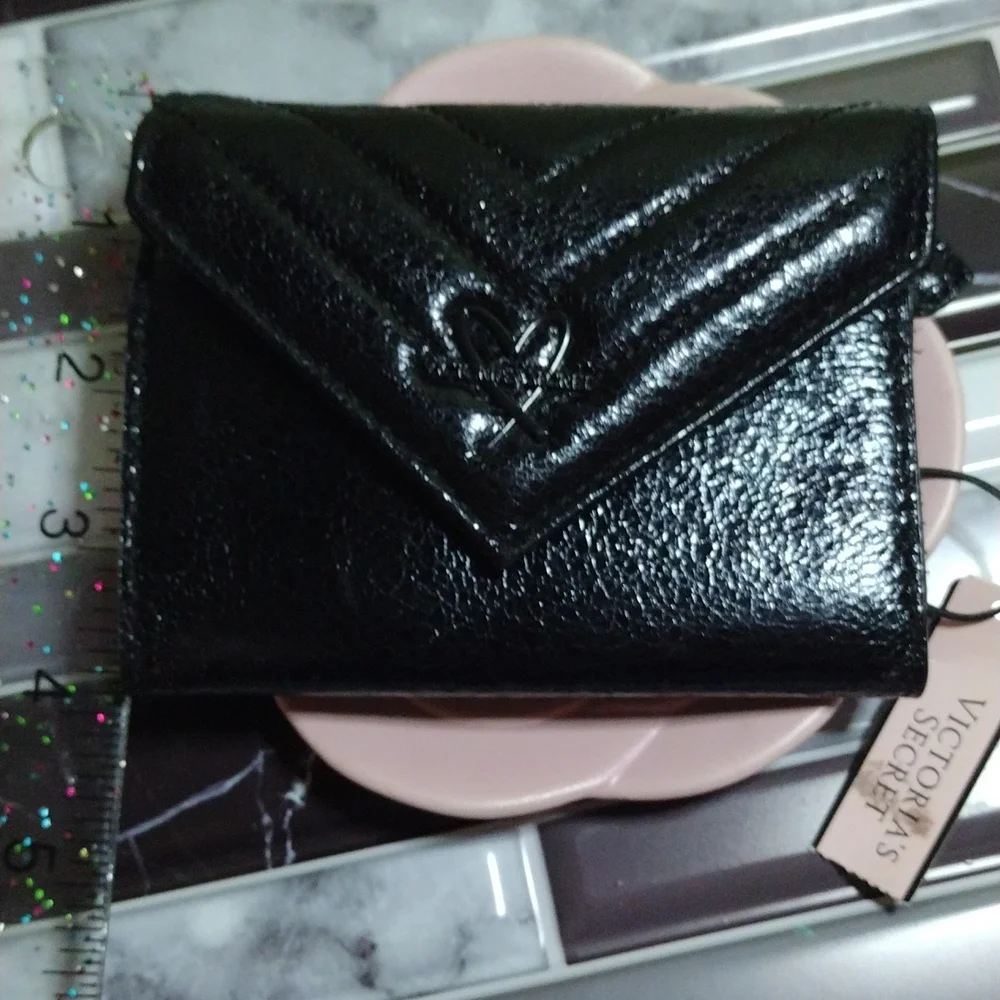 Victoria's Secret Black Faux Patent Leather Quilted  Wallet NWT